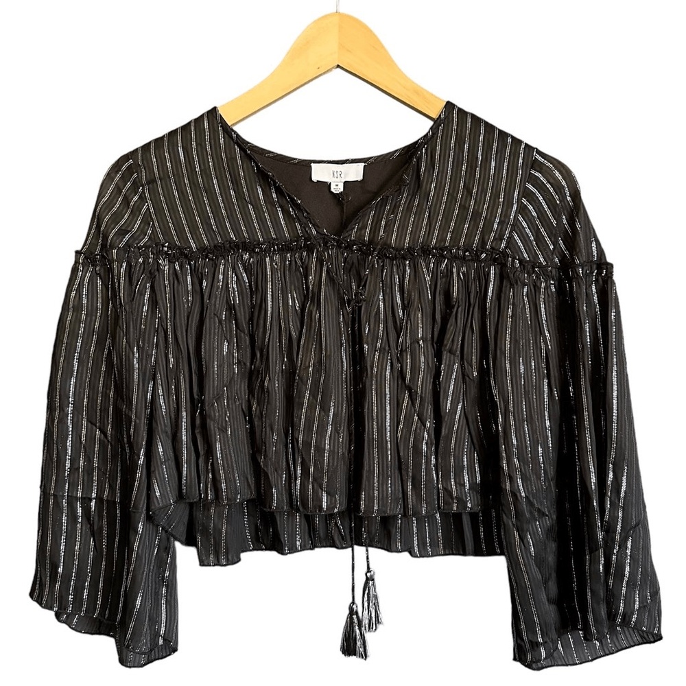 NSR Black Metallic Striped Ruffle Peasant Blouse